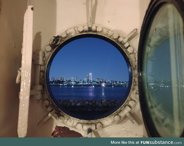 Downtown Long Beach through a hatch onboard the RMS Queen Mary