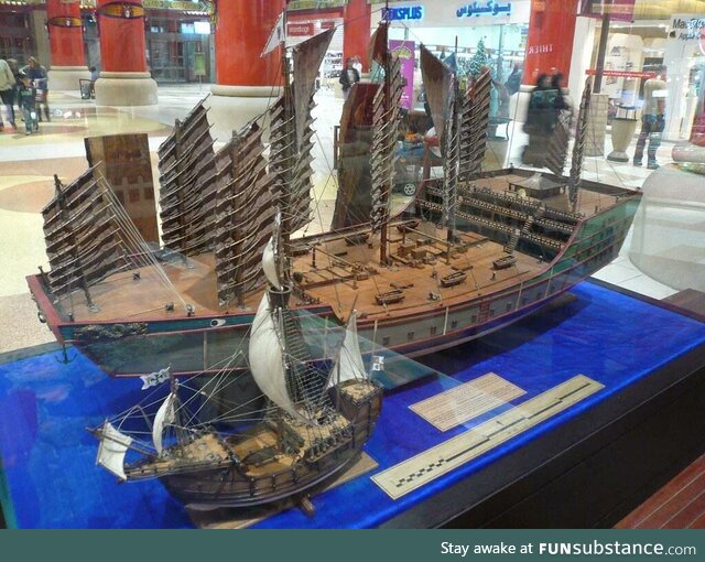 Admiral Zheng He's ship (larger one) compared to the ship of Christopher Columbus