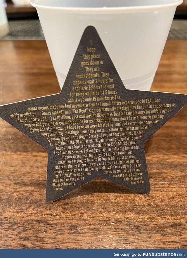 Star shaped coaster with a brewery’s one star reviews