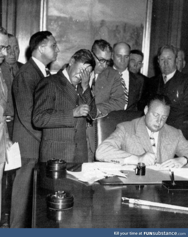 Tribal rep George Gillette crying as 154,000 acres of land is signed away for a new dam