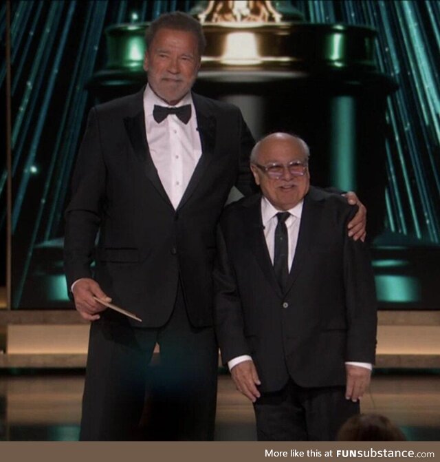Arnold Schwarzenegger and Danny DeVito at the Oscars tonight
