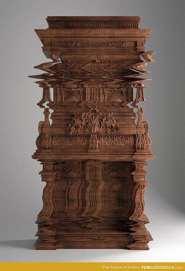 This wooden cabinet was intricately carved to look like a digital glitch