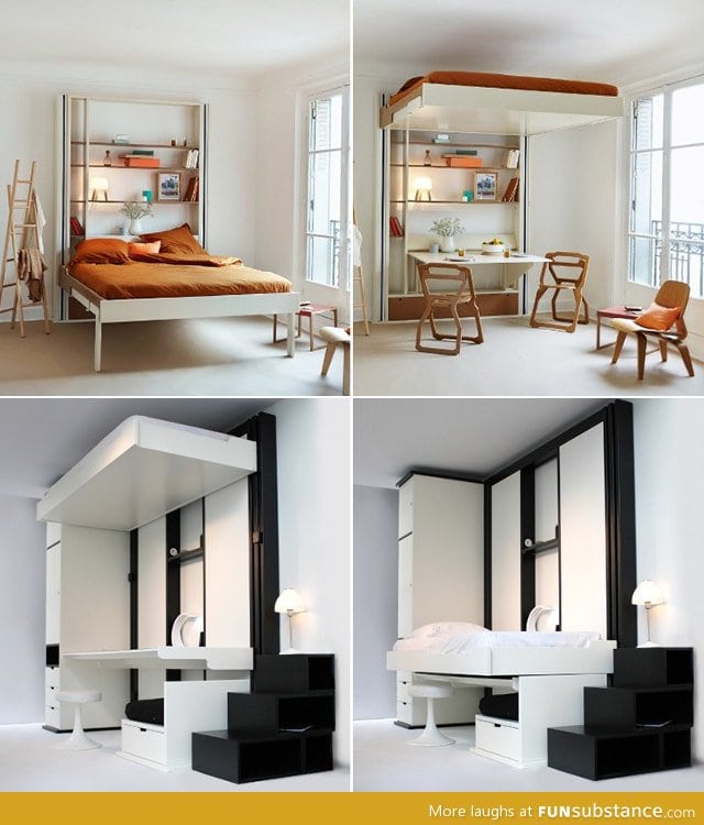 Elevator beds raise to the ceiling for extra space
