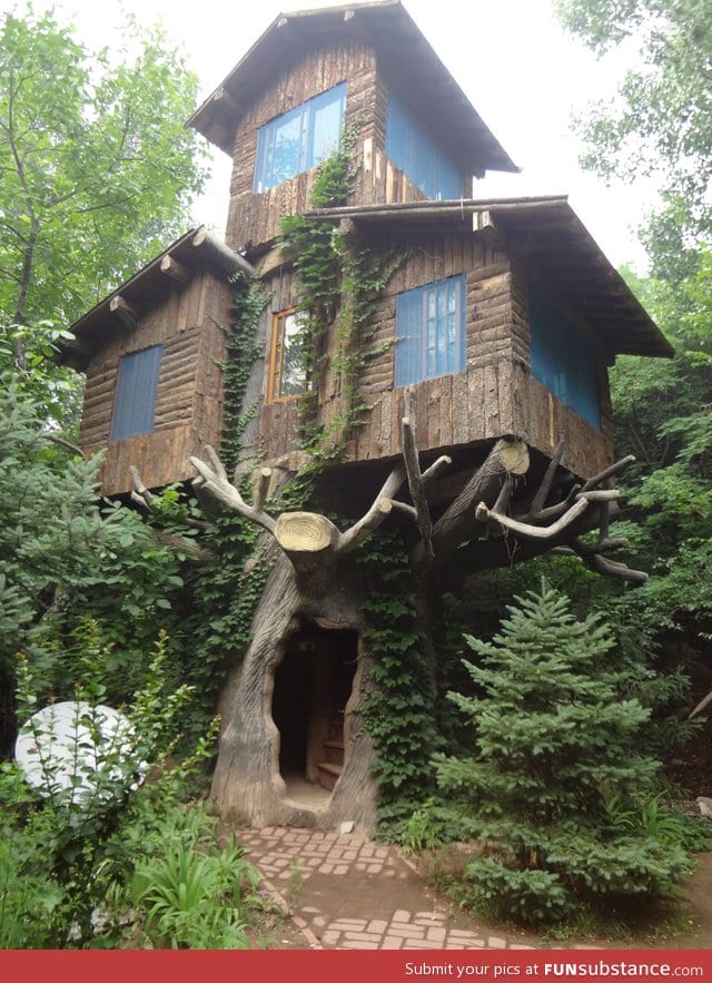 A three-storey treehouse in the woods
