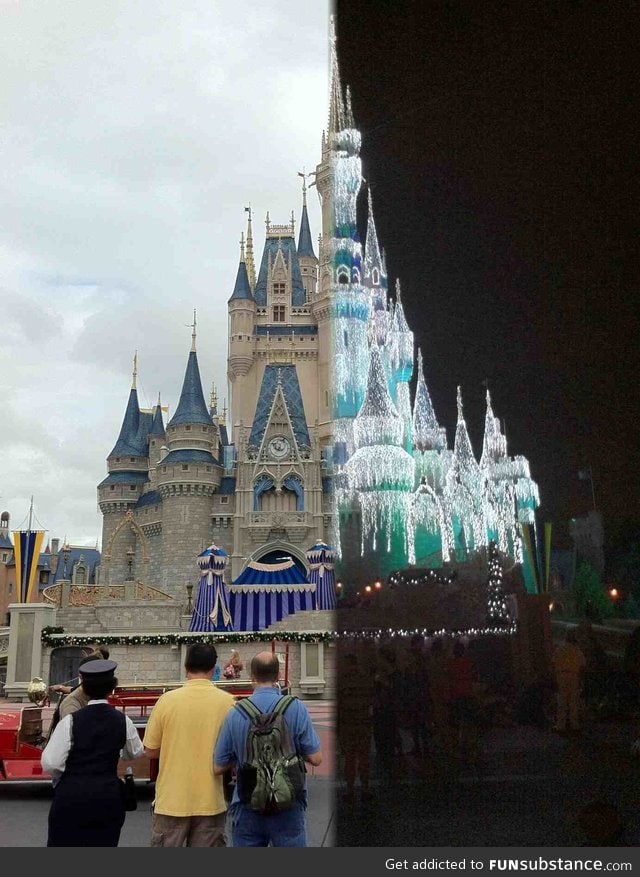 Disney castle at day and night