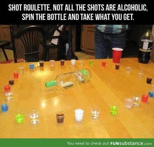 This sounds fun. Till the bottle knocks over all of the shots when you spin it!
