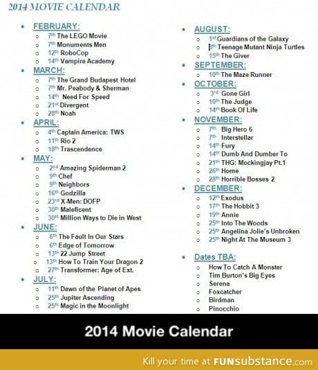 2014 Movie Calendar