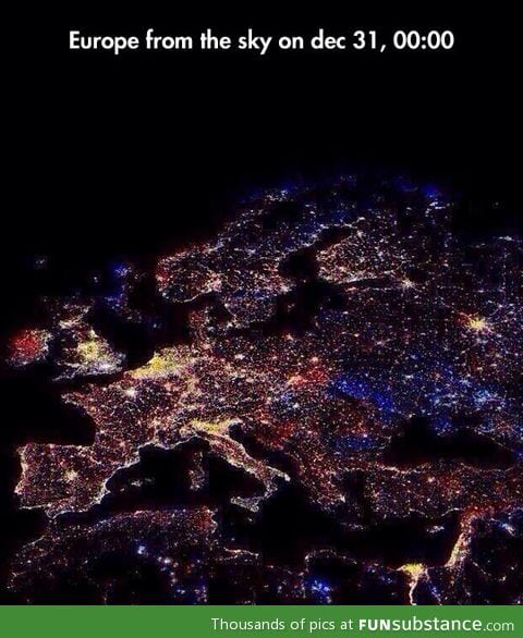 Europe from the sky on new year's eve