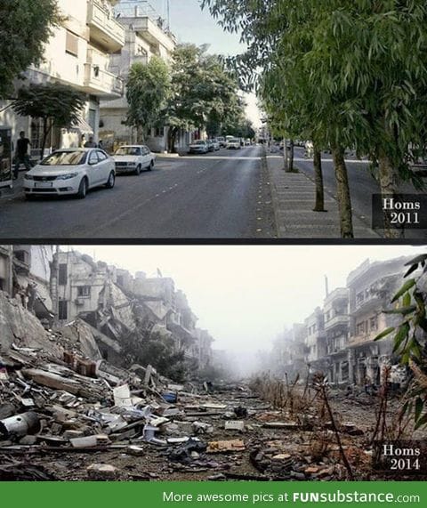 The same street in Homs, Syria in 2011 and 2013
