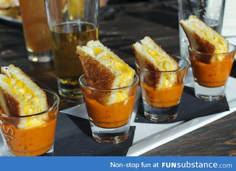Grilled Cheese Mac & Cheese in Shots of Tomato Soup