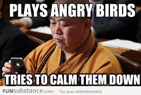 Monk playing Angry Birds