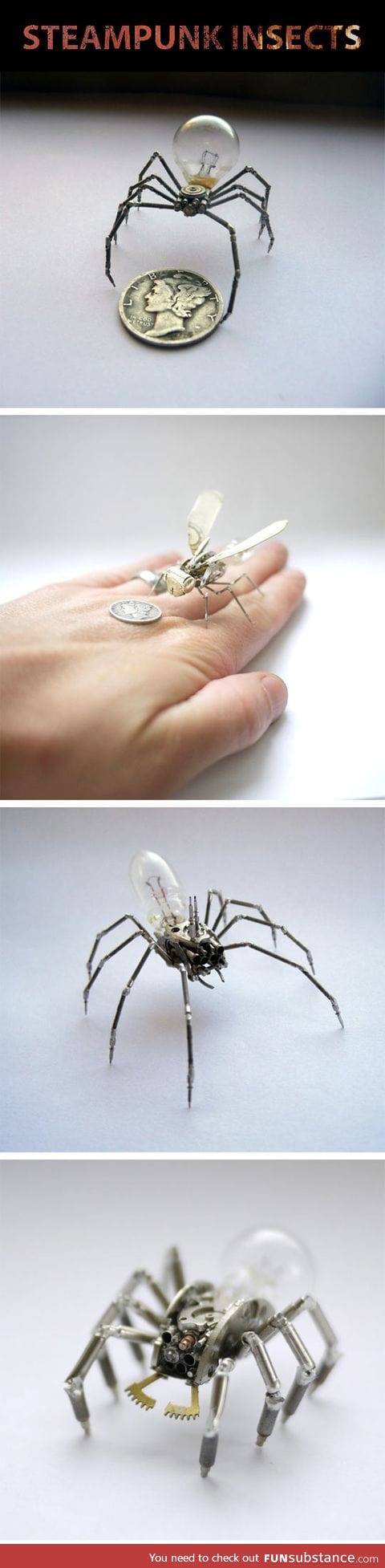 Tiny mechanical insects made out of watch parts