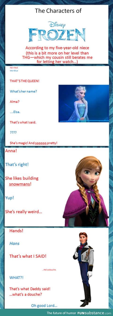 The characters of Frozen according to my five-year-old niece