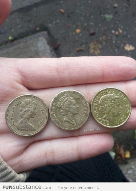The Queen, Now and then Watch her age thru Pound coins