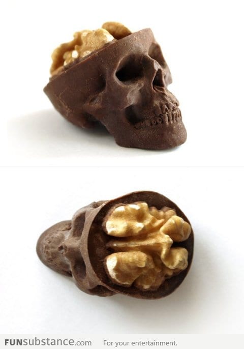 A chocolate skull with a nut brain