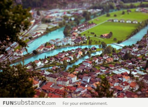 A tilt-shift photo of Interlaken, Switzerland