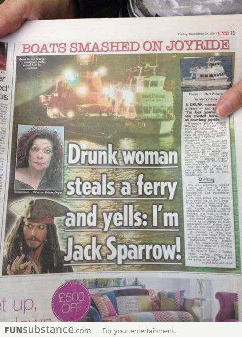 Drunk woman steals a ferry and yells: I'm Jack Sparrow!