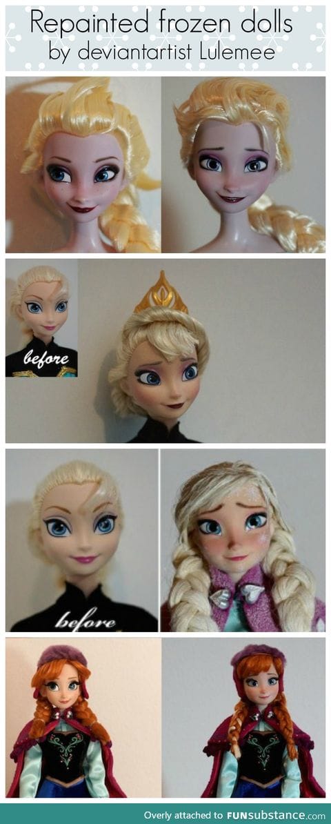 Repainted Frozen Dolls before and after