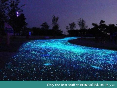 A driveway with glow in the dark plastic pieces mixed in with the cement