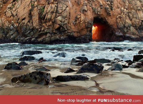 Sunset through a cave