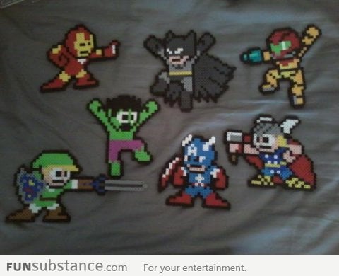 Superheroes in Mega Man style