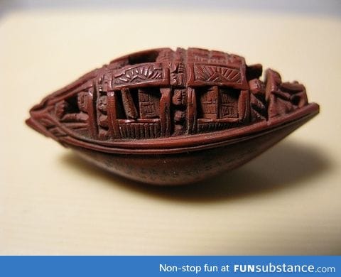 Tiny Boat Carved from a Peach Pit