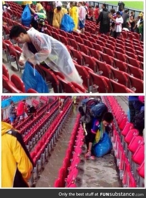 Japanese fans were cleaning out their mess after the world cup. Respect