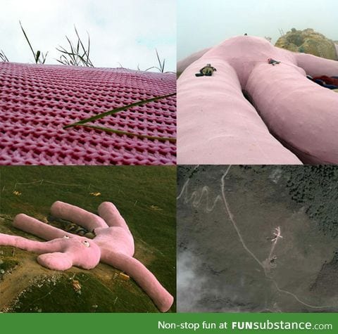 Giant knitted bunny on Italian hillside.....