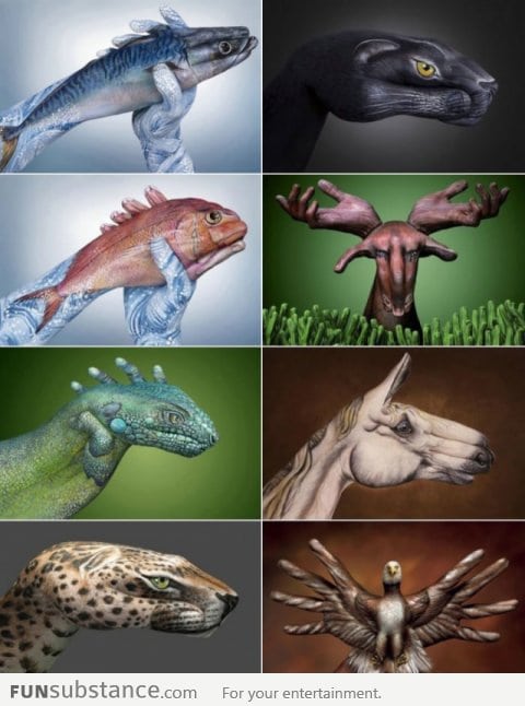 Hands painted to look like real animals