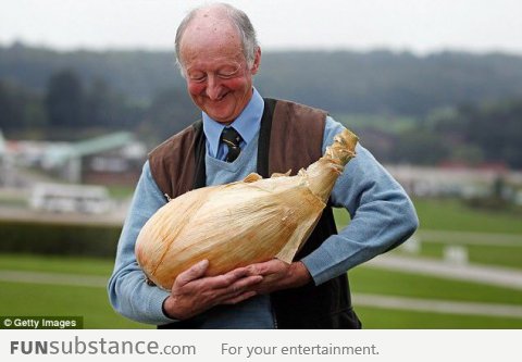 The biggest onion and its owner, Peter Glazebrook