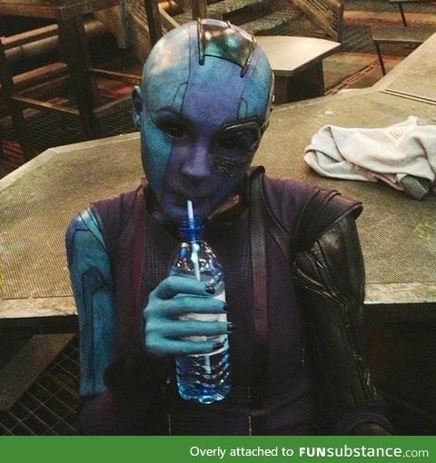 Karen Gillan takes a water break while filming "Guardians of the Galaxy"