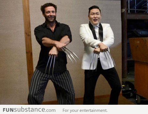 Hugh Jackman and PSY dancing Gangnam Style