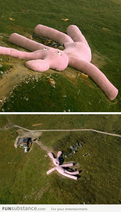 Giant knitted rabbit sculpture in the Italian Alps