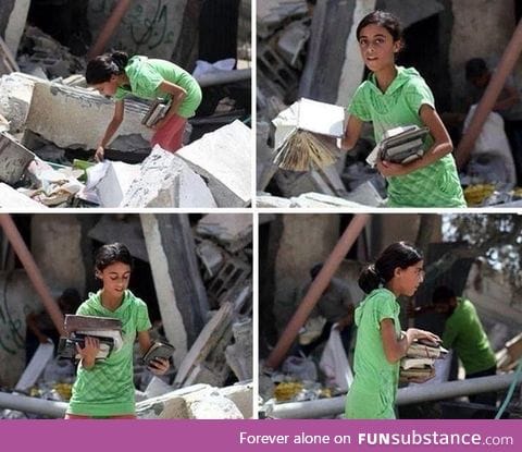 Palestinian girl looking for her books under the ruins of her home