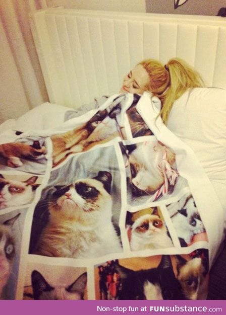 Sometimes happiness means snuggling with a grumpy cat blanket