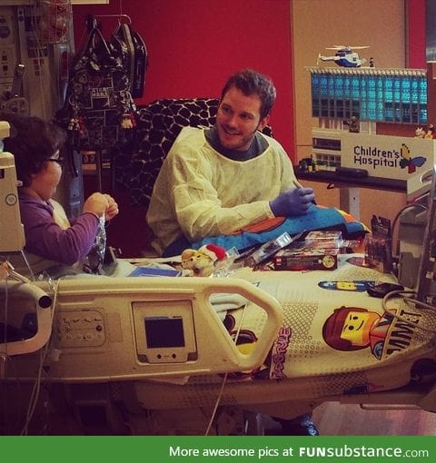 Chris Pratt visiting the 'Lego Kid' at Children's Hospital