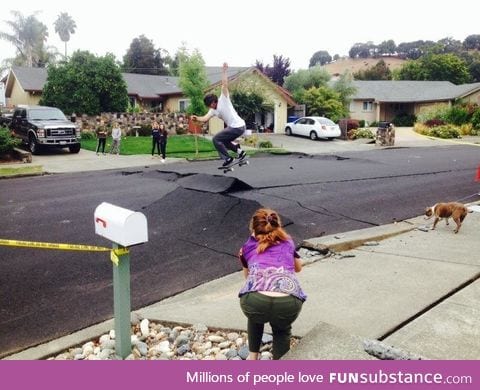 Skateboarding on the Napa earth quake damage