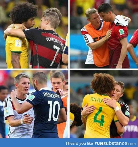 Bastian Schweinsteiger encourging his beaten opponents