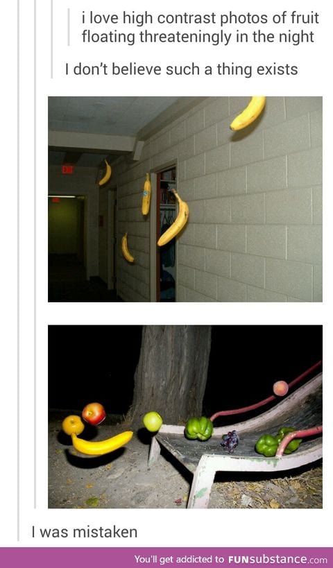 high contrast photos of fruit flying threateningly in the night