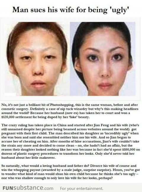 Man sues his wife for being ugly and won!