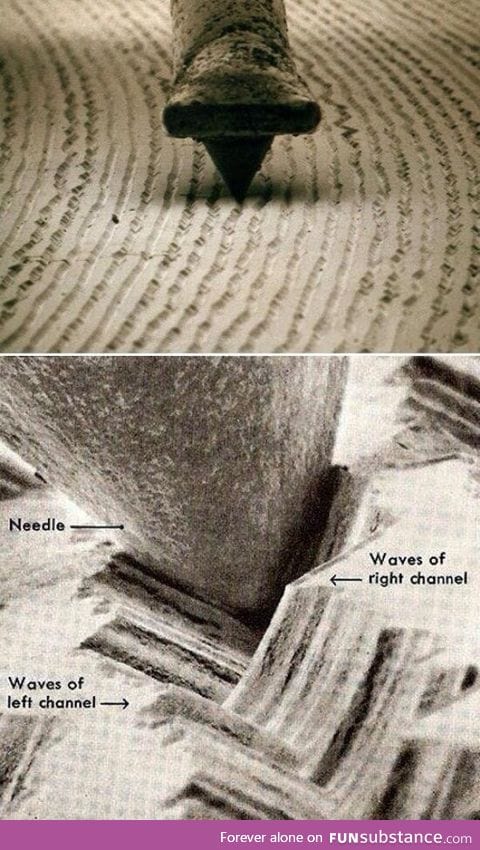A look at vinyl record grooves at around 1000x magnification. You can see the waveforms