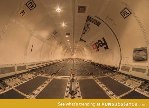 The inside of a FedEx Boeing 757 without any cargo inside