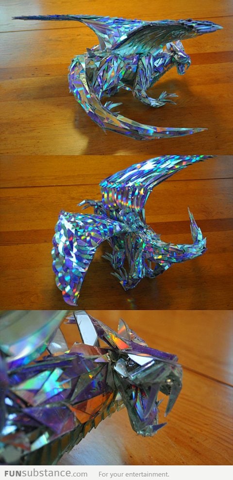 A dragon sculpture made out of CD shards