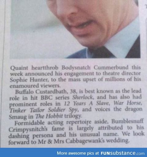 An Australian newspaper congratulates Benedict Cumberbatch on his engagement