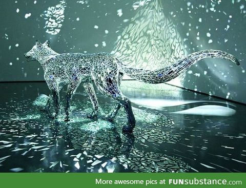 Wolf Sculpture Covered in Mirror Shards by Tomoko Konoike