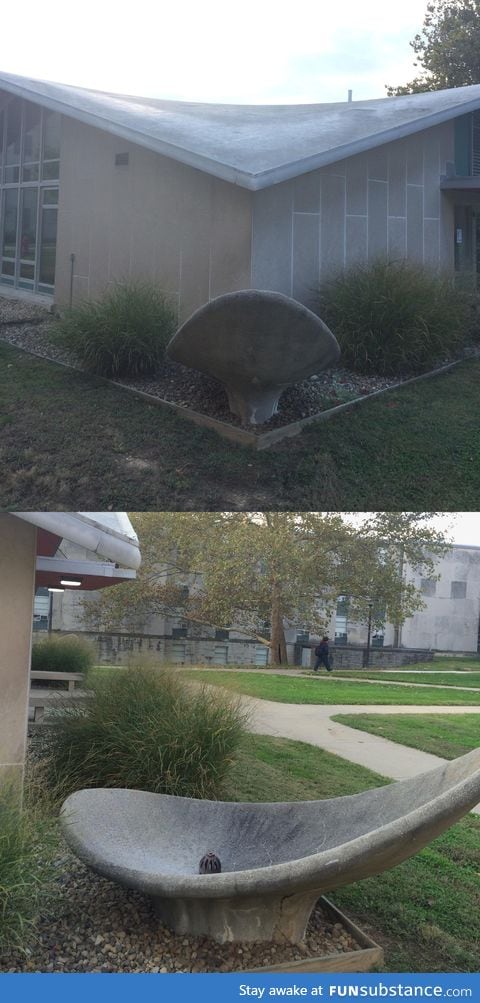 This building has no gutters. Instead it uses a curved roof and a bowl like structure to