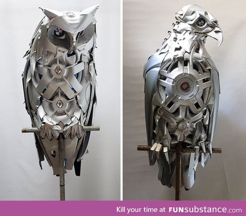 Artist recycles old hubcaps into stunning animal sculptures