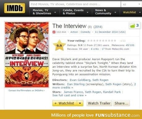 The Interview becoming the highest rated movie on IMDb... Your move North Korea