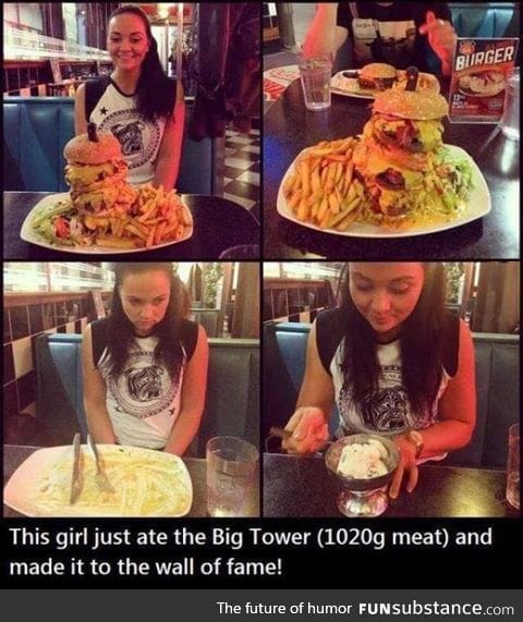Girl ate burger tower