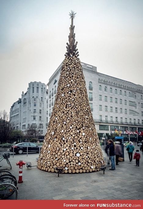 A Christmas tree made from 5000 logs in Budapest, Hungary
